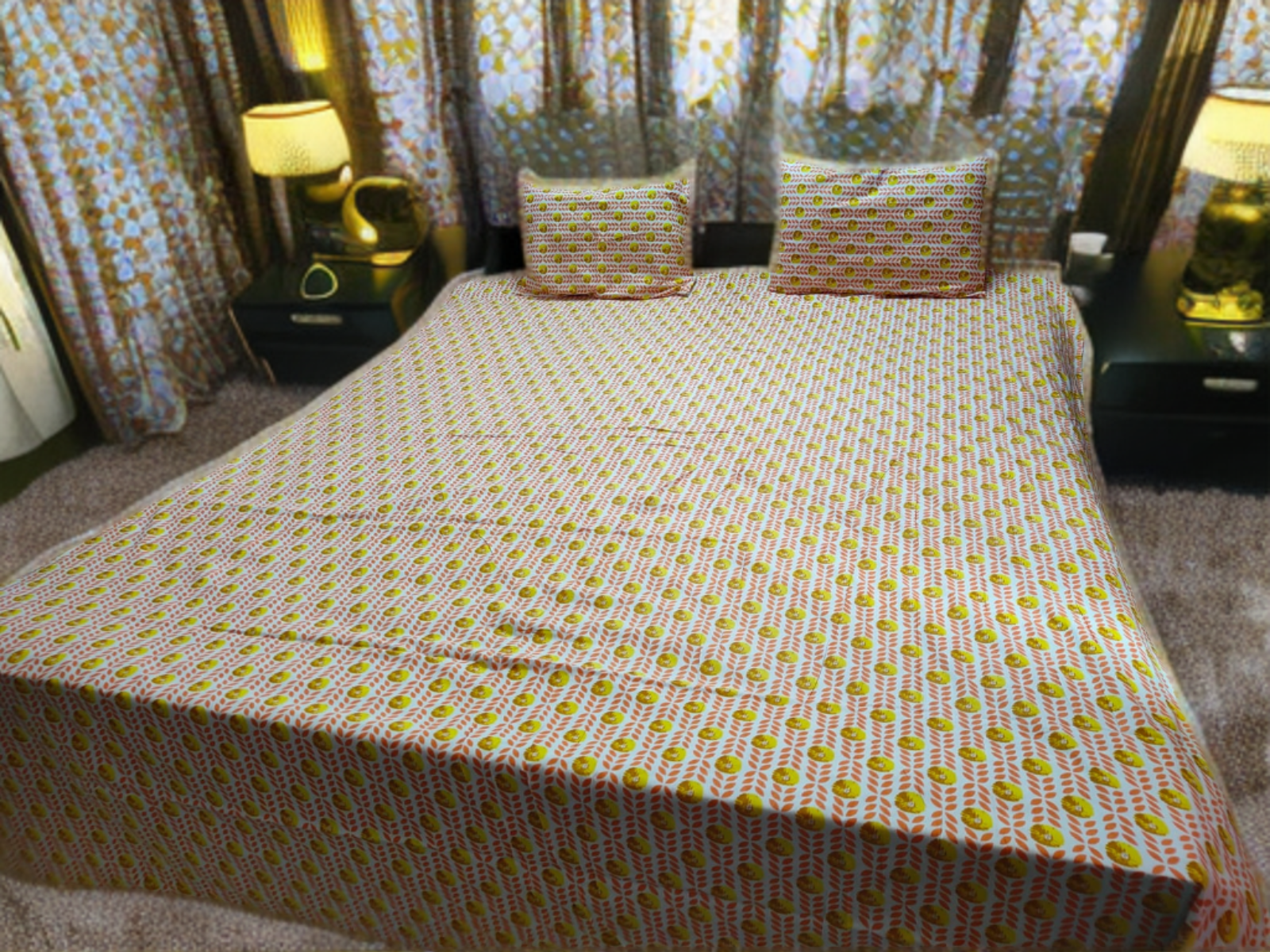 DOUBLE BED SHEET JAIPURI PRINT- WHITE & ORANGE (WITH 2 PILLOW COVERS)