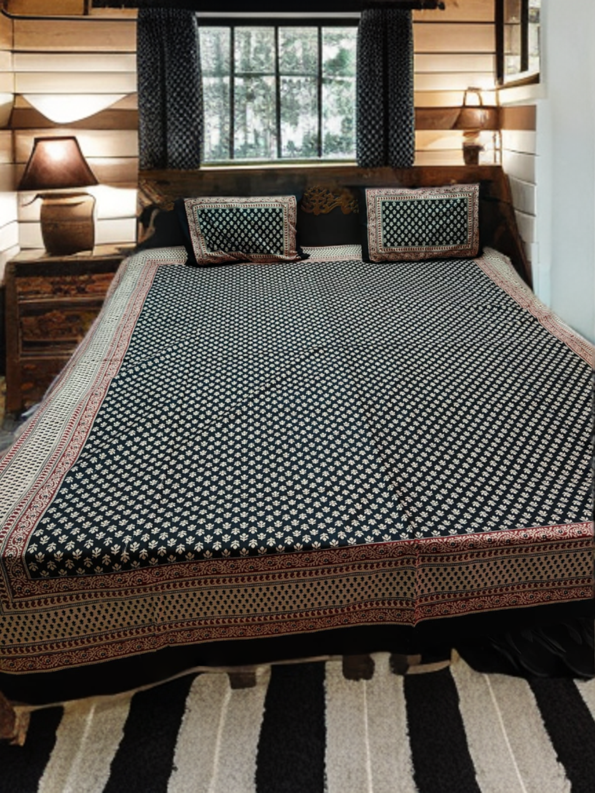 DOUBLE BED SHEET JAIPURI PRINT- BLACK (WITH 2 PILLOW COVERS)
