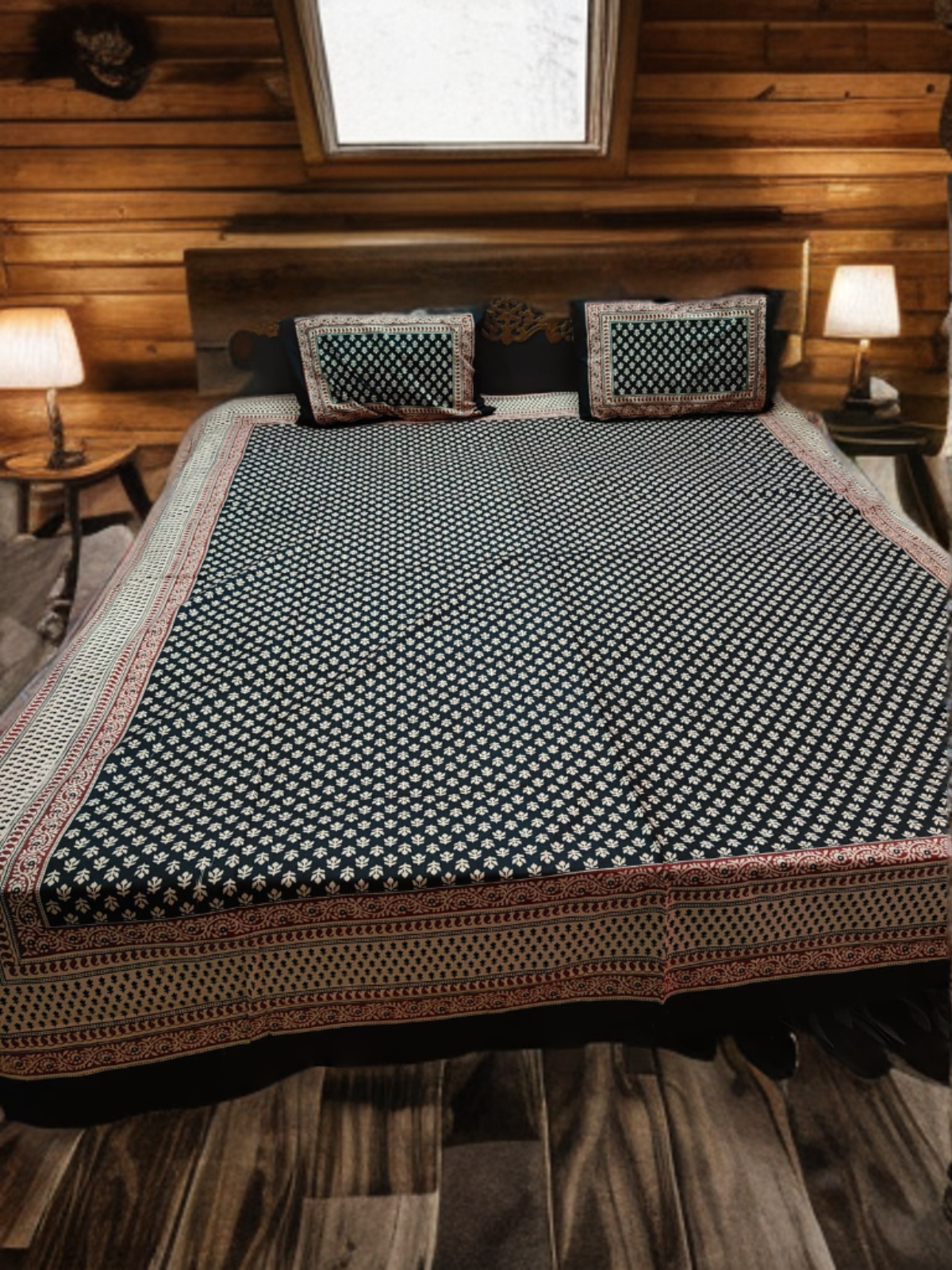 DOUBLE BED SHEET JAIPURI PRINT- BLACK (WITH 2 PILLOW COVERS)