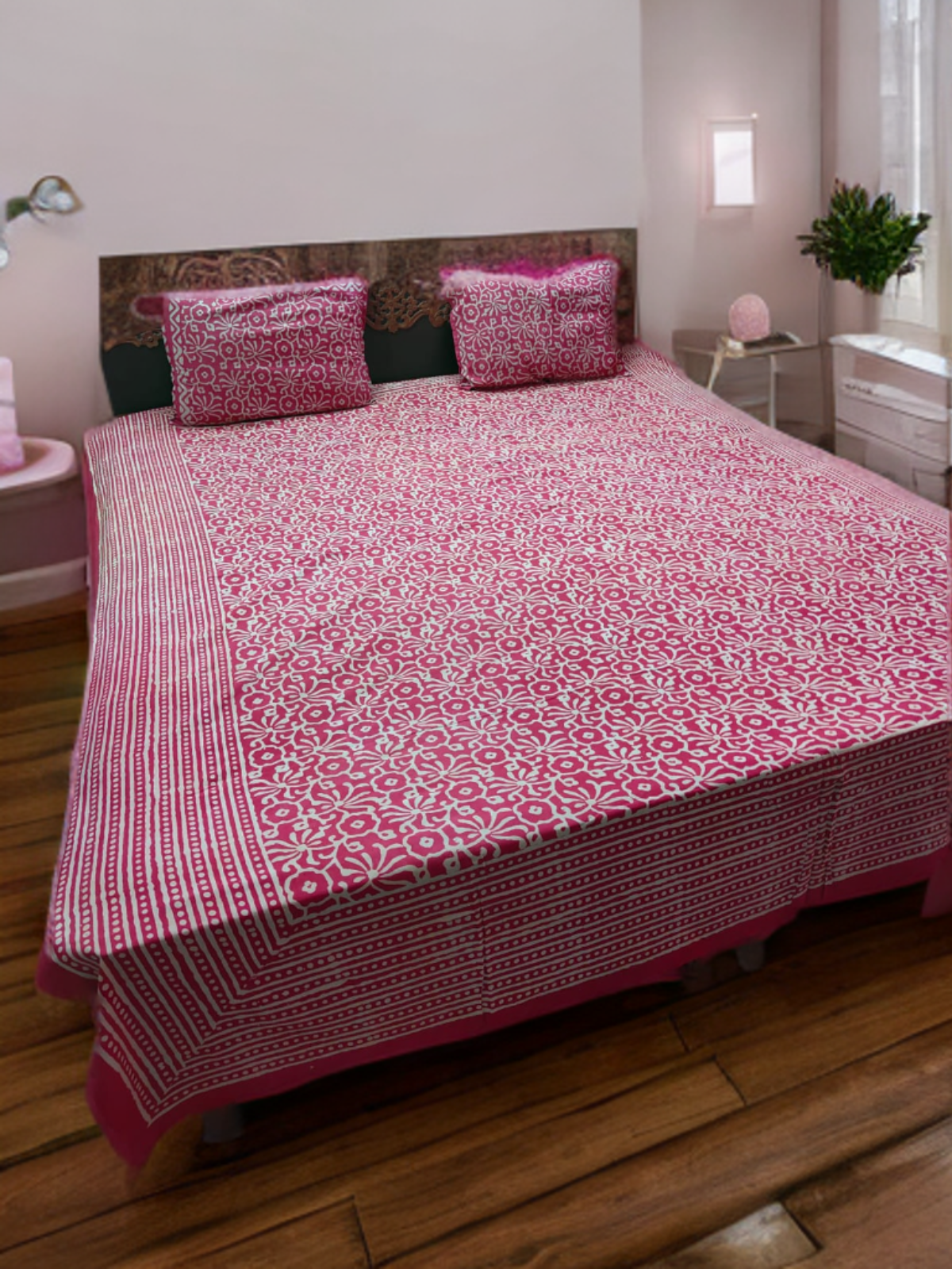 DOUBLE BED SHEET JAIPURI PRINT- DARK PINK (WITH 2 PILLOW COVERS)