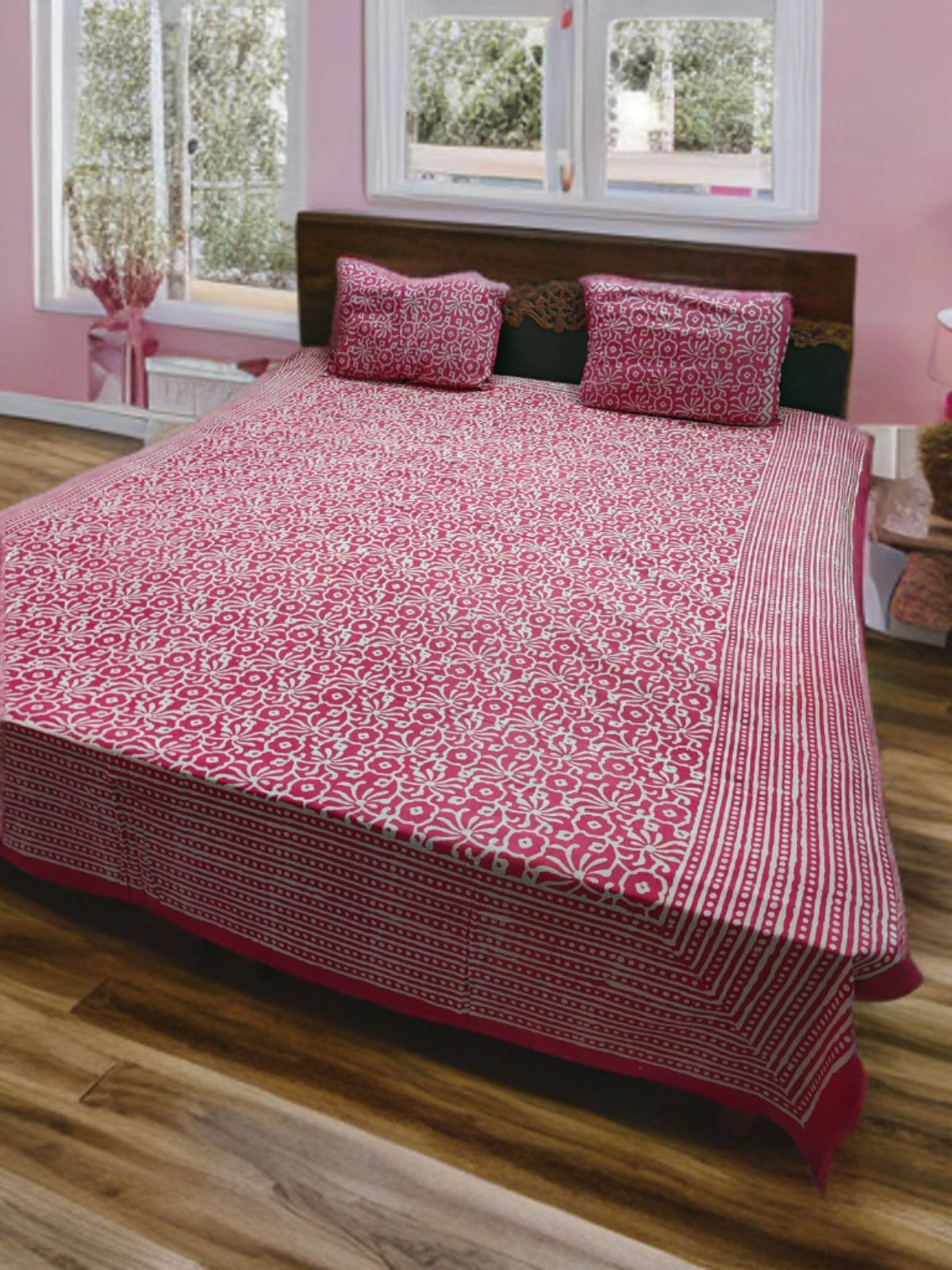 DOUBLE BED SHEET JAIPURI PRINT- DARK PINK (WITH 2 PILLOW COVERS)