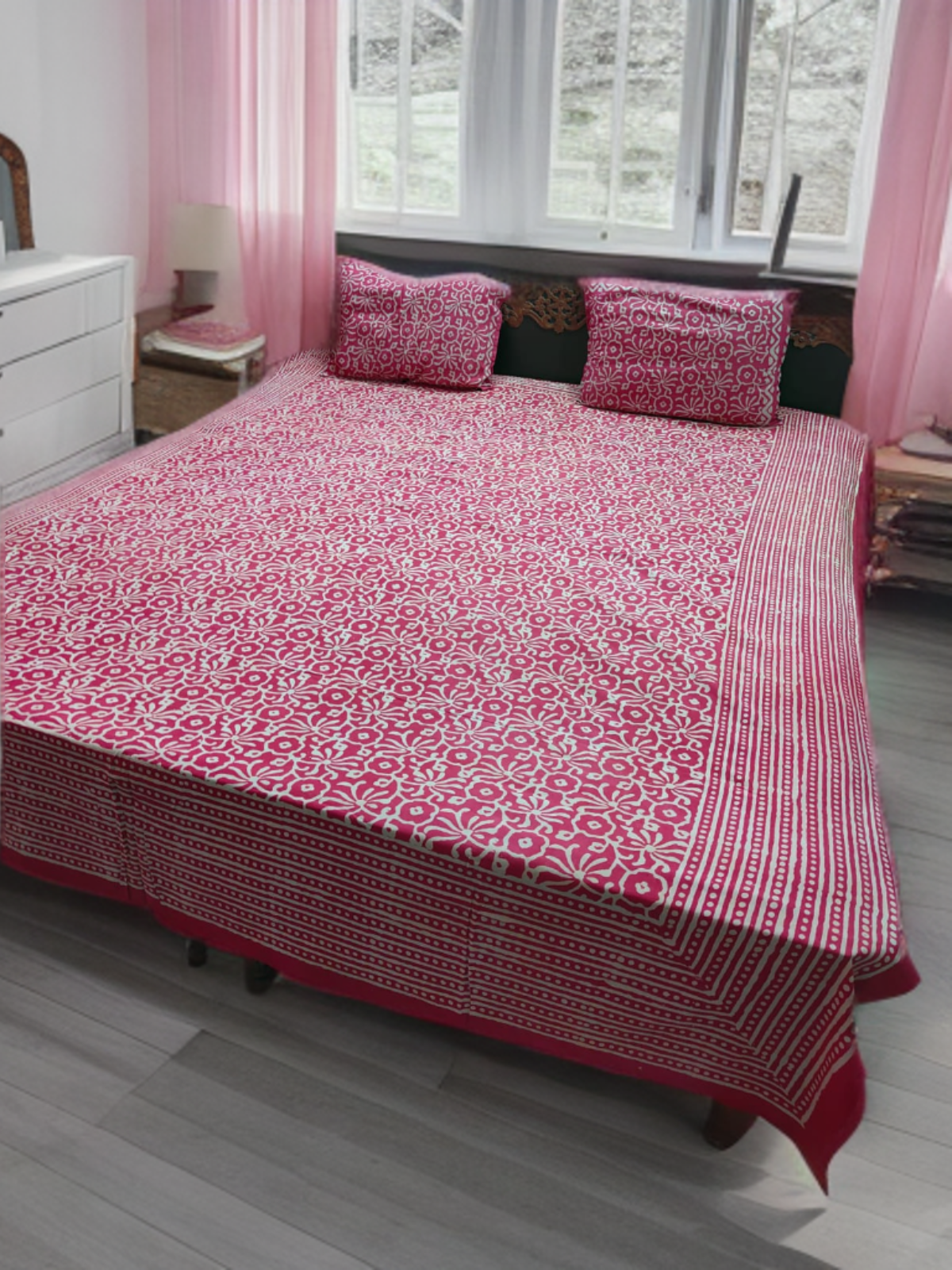 DOUBLE BED SHEET JAIPURI PRINT- DARK PINK (WITH 2 PILLOW COVERS)