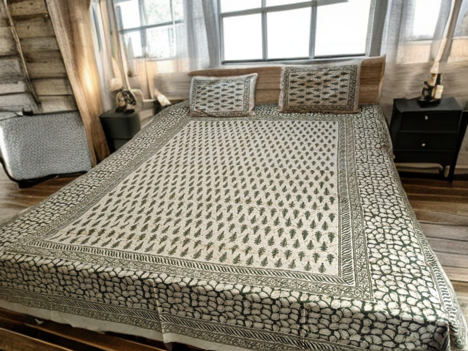 DOUBLE BED SHEET JAIPUR BATICK PRINT - GREEN (WITH 2 PILLOW COVERS)