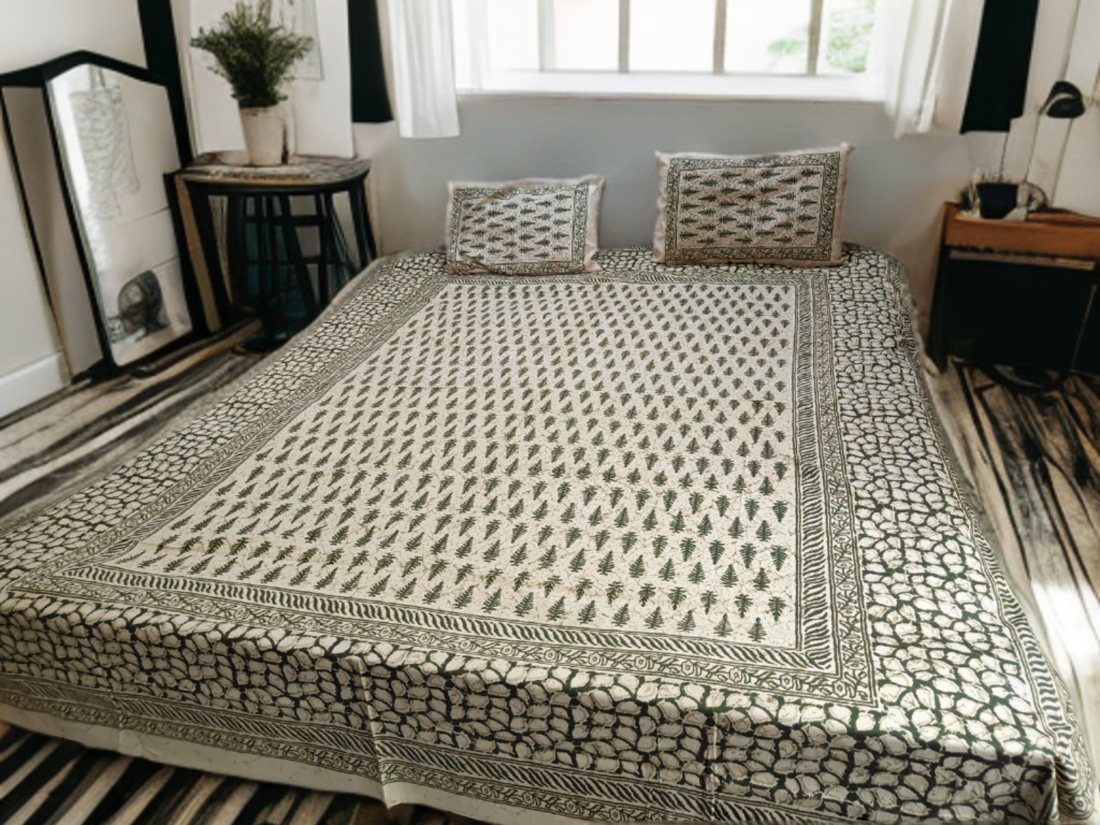 DOUBLE BED SHEET JAIPUR BATICK PRINT - GREEN (WITH 2 PILLOW COVERS)