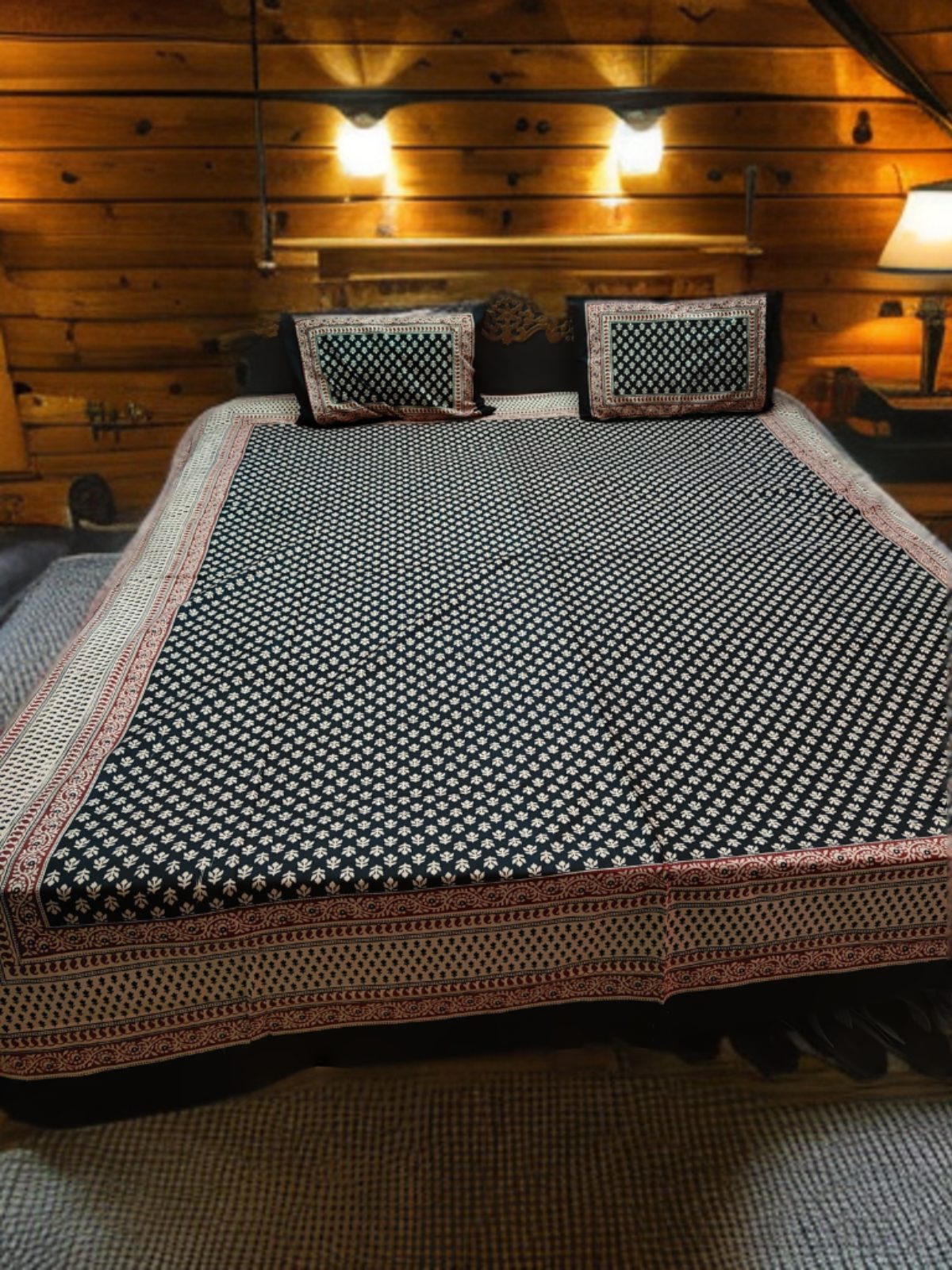 DOUBLE BED SHEET JAIPURI PRINT- BLACK (WITH 2 PILLOW COVERS)
