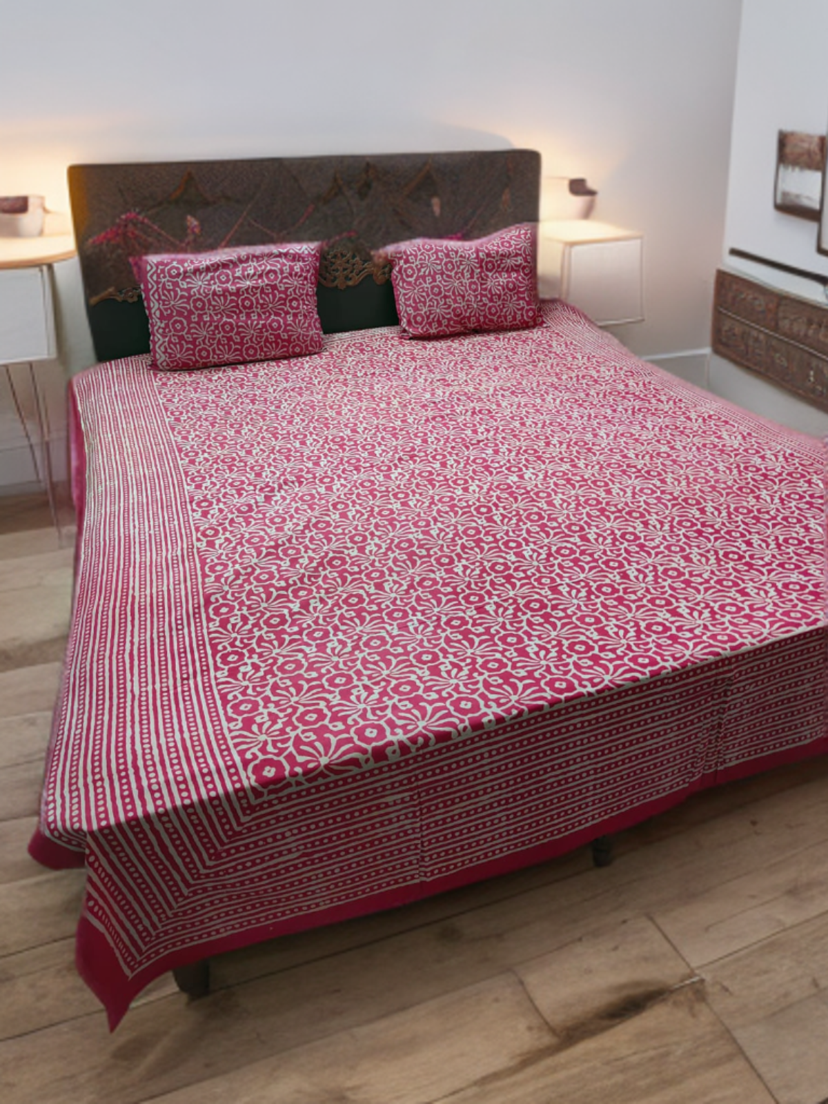 DOUBLE BED SHEET JAIPURI PRINT- DARK PINK (WITH 2 PILLOW COVERS)