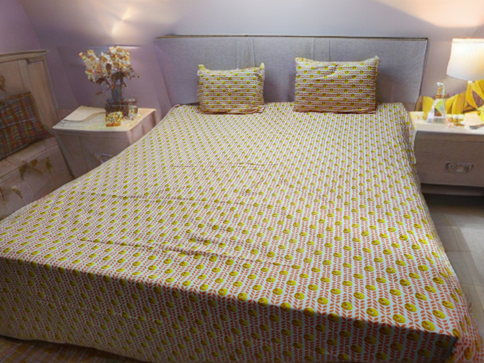 DOUBLE BED SHEET JAIPURI PRINT- WHITE & ORANGE (WITH 2 PILLOW COVERS)