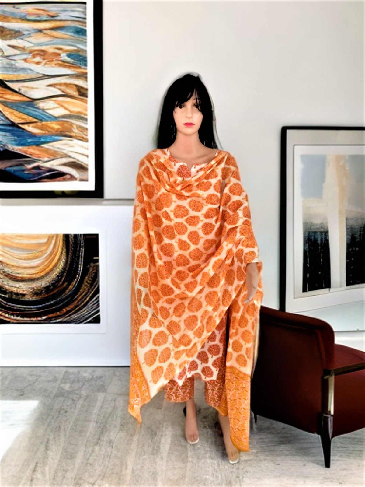 SUIT WITH DUPATTA – WHITE AND ORANGE