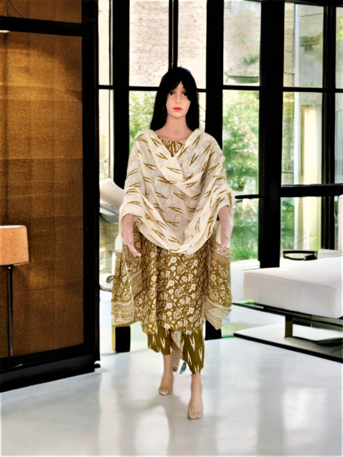 SUIT WITH DUPATTA – WHITE AND MEHENDI GREEN