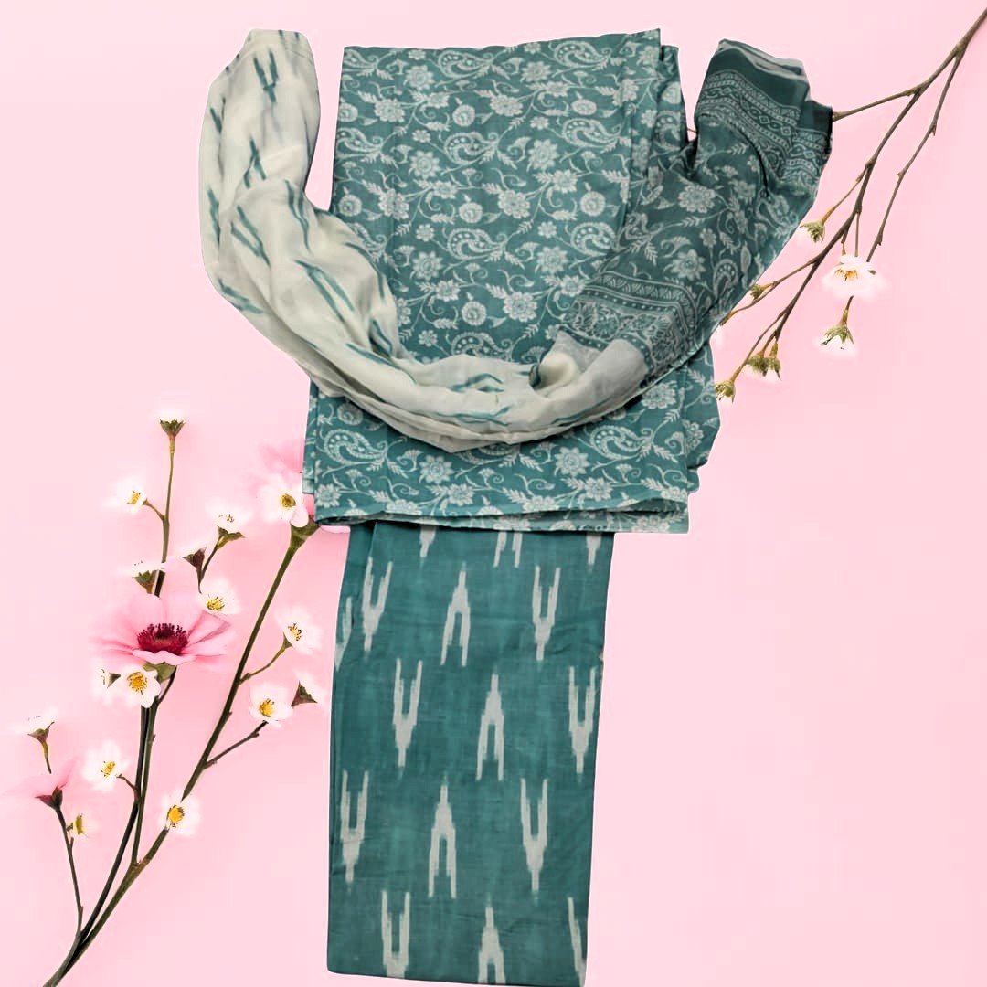 Neerja Sanganeri Ikat Cotton Suit Set – “Woven Whispers in Mint & Motifs”