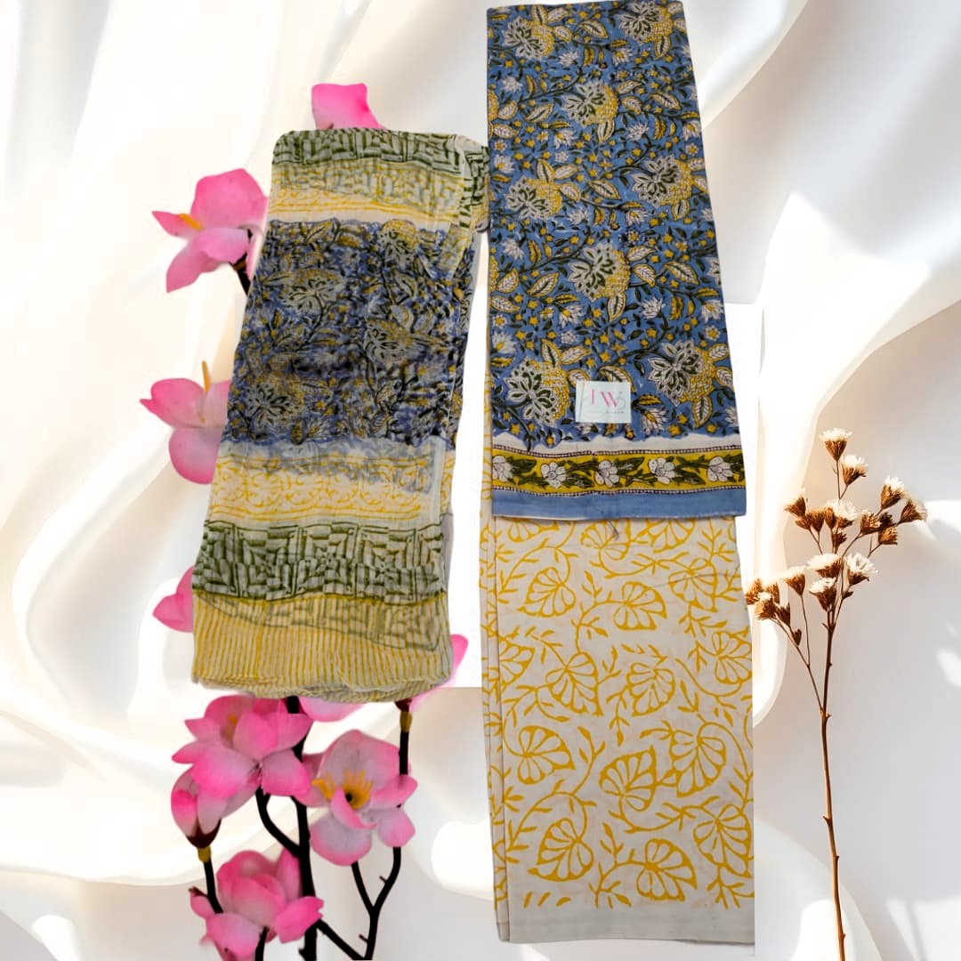 Aasmani Phool Sanganeri Cotton Suit Set – “Where Blue Blossoms, Sunshine Follows”