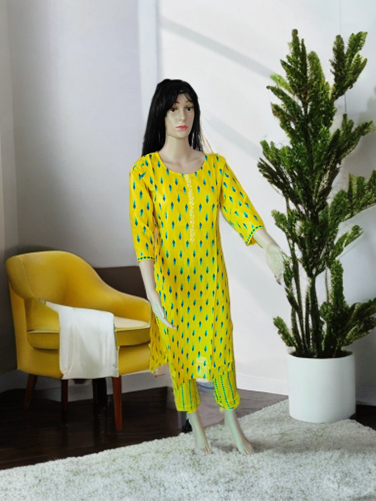 Jaipur Sanganeri Handblock Cotton Co-ord Set – Yellow Ikat Bloom