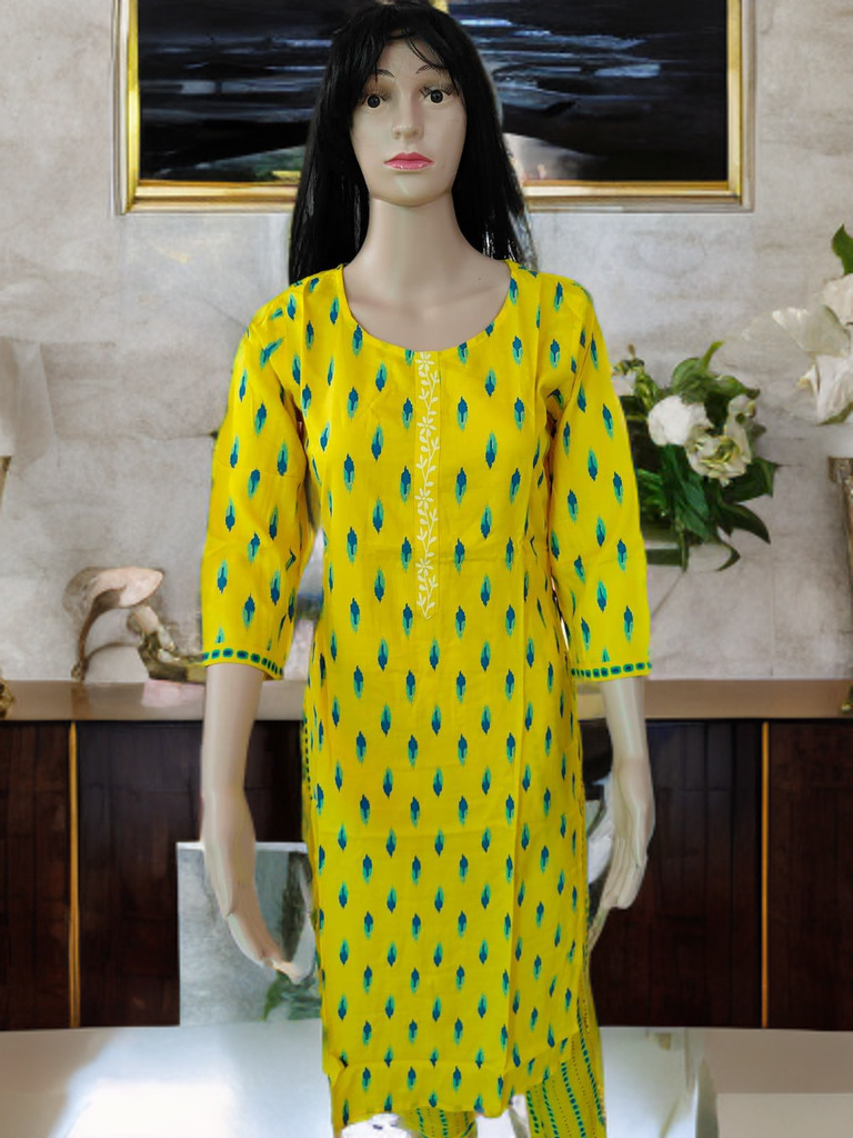Jaipur Sanganeri Handblock Cotton Co-ord Set – Yellow Ikat Bloom