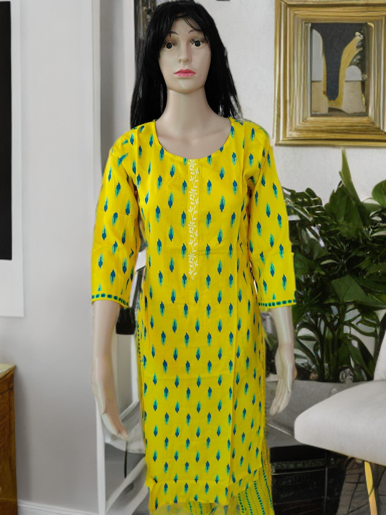 Jaipur Sanganeri Handblock Cotton Co-ord Set – Yellow Ikat Bloom