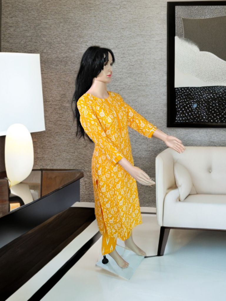 Jaipur Sanganeri Cotton Co-ord Set – Mustard Vine