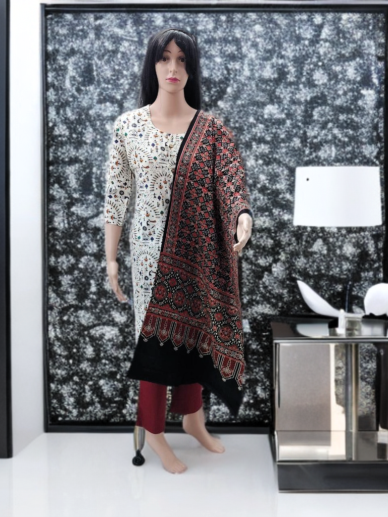 Ajrakh Modal Silk Stole – Crimson Heritage