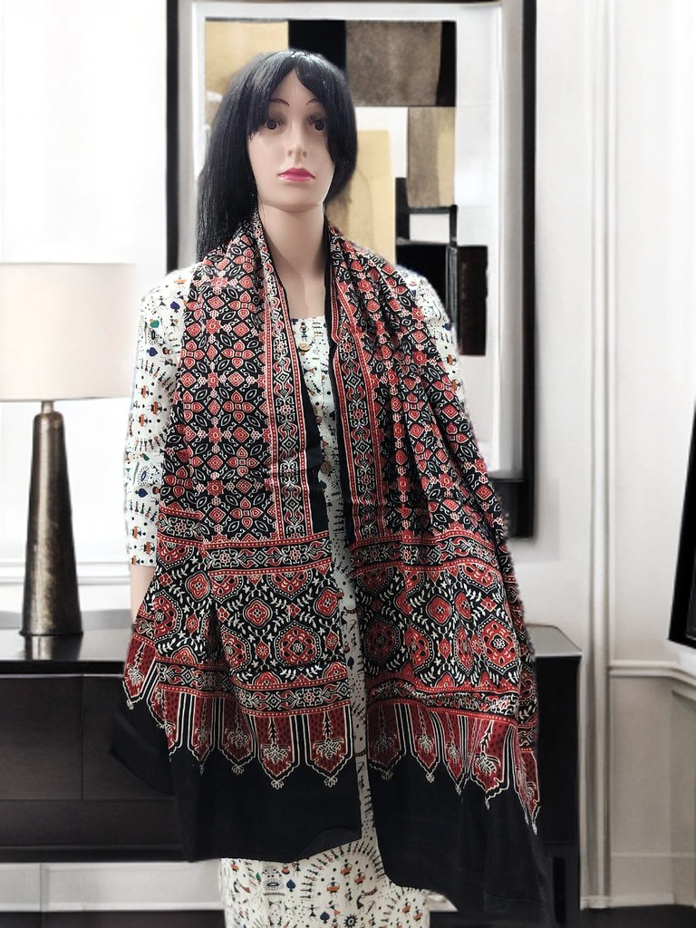 Ajrakh Modal Silk Stole – Crimson Heritage