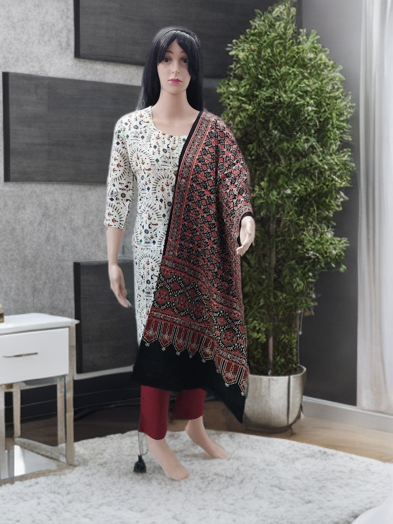 Ajrakh Modal Silk Stole – Crimson Heritage