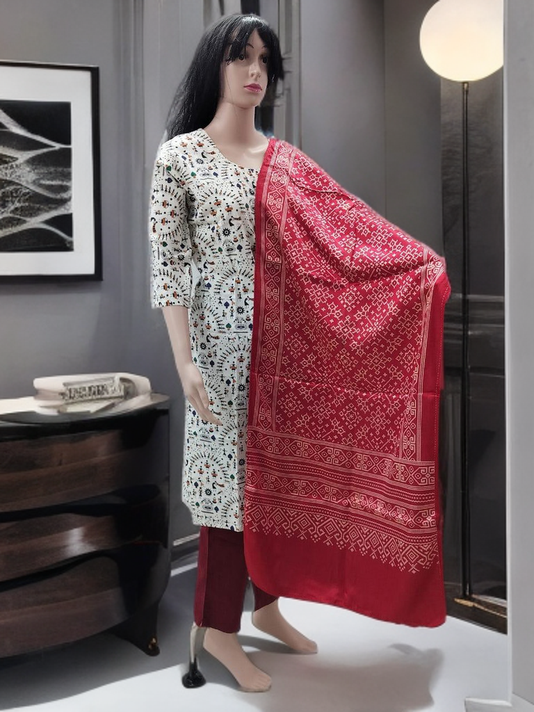 Ajrakh Modal Silk Stole – Crimson Radiance