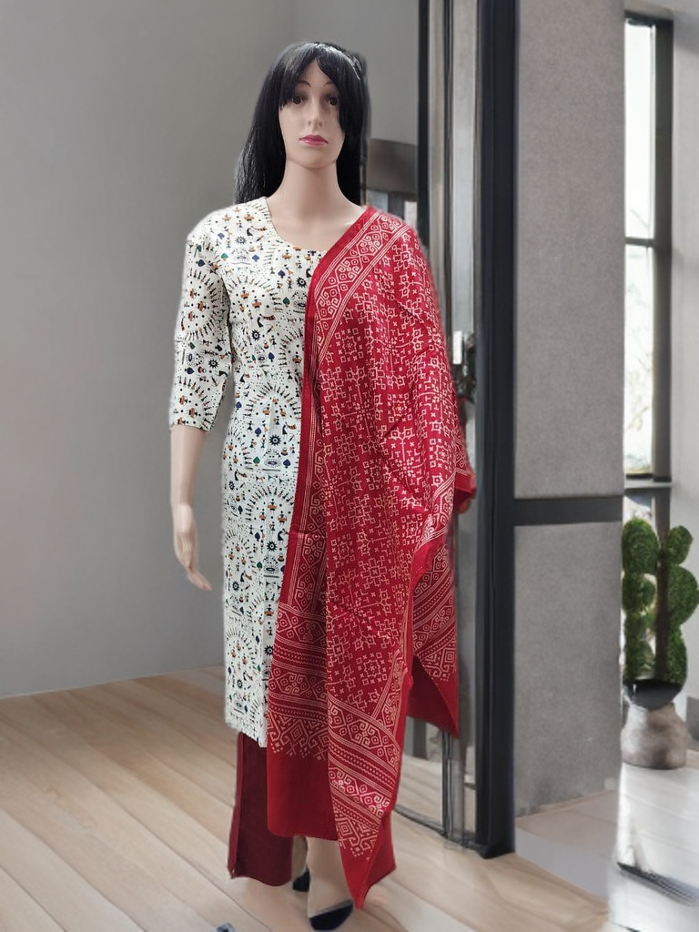 Ajrakh Modal Silk Stole – Crimson Radiance