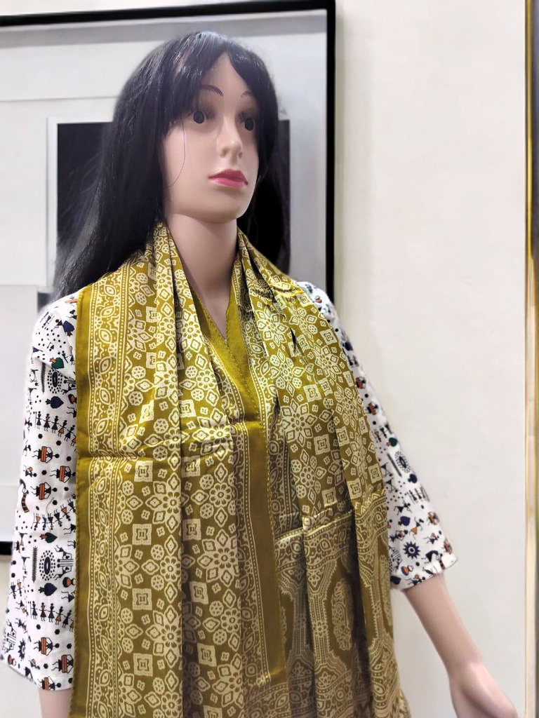 Ajrakh Modal Silk Stole – Mustard Majesty