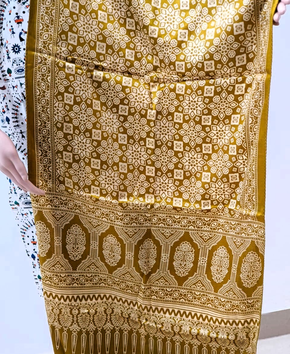 Ajrakh Modal Silk Stole – Mustard Majesty
