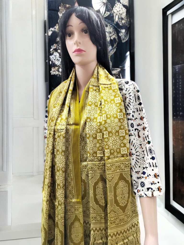 Ajrakh Modal Silk Stole – Mustard Majesty