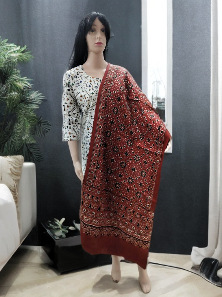 Ajrakh Modal Silk Stole – Scarlet Symphony