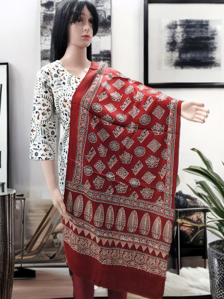 Ajrakh Modal Silk Stole – Royal Vermilion