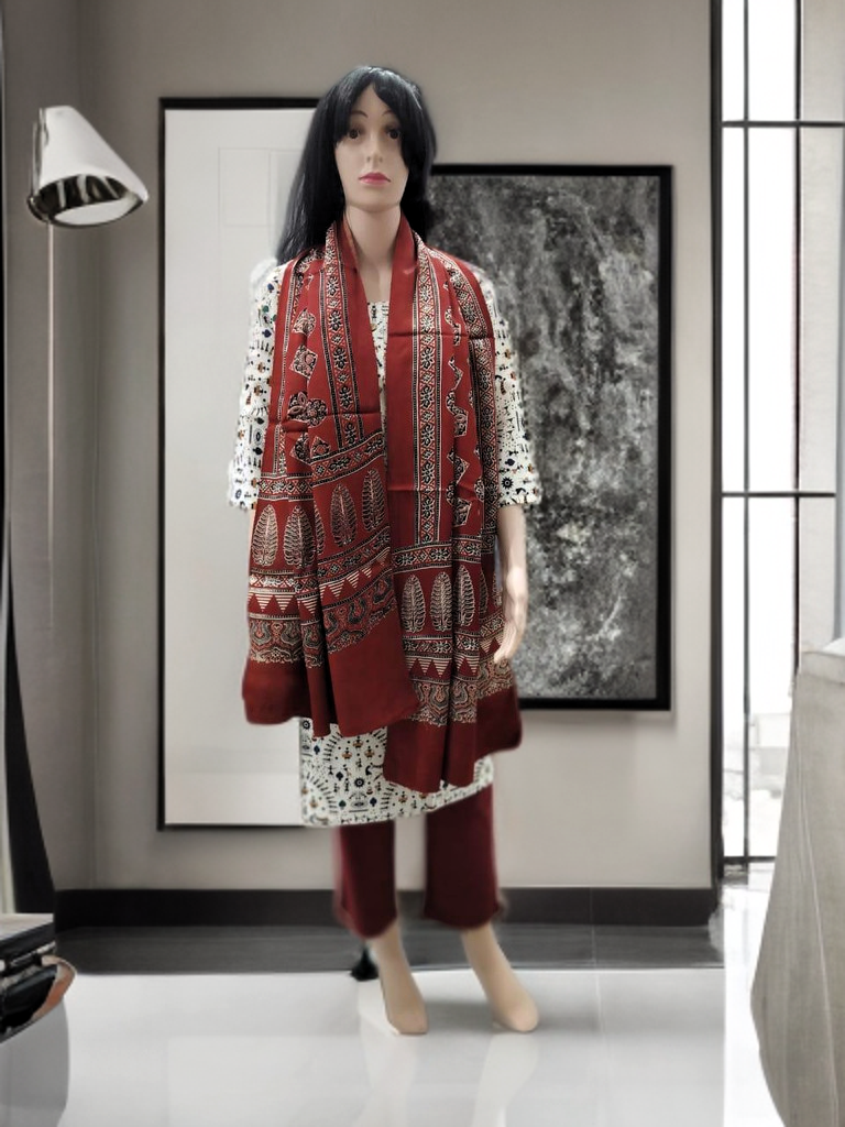 Ajrakh Modal Silk Stole – Royal Vermilion