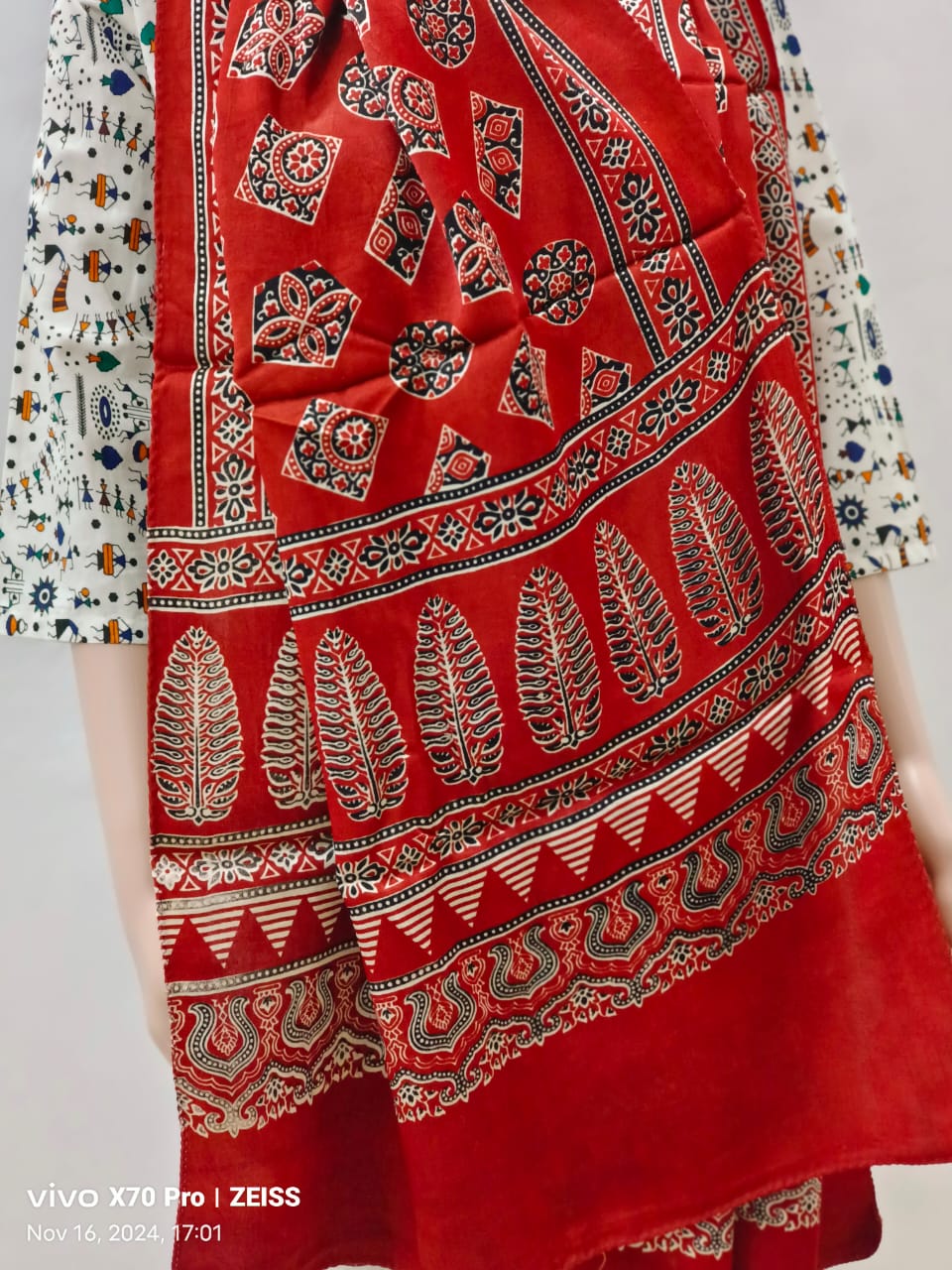 Ajrakh Modal Silk Stole – Royal Vermilion