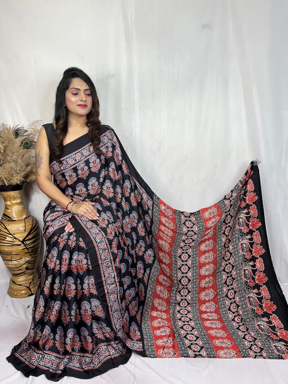 Ajrakh Modal Silk Saree