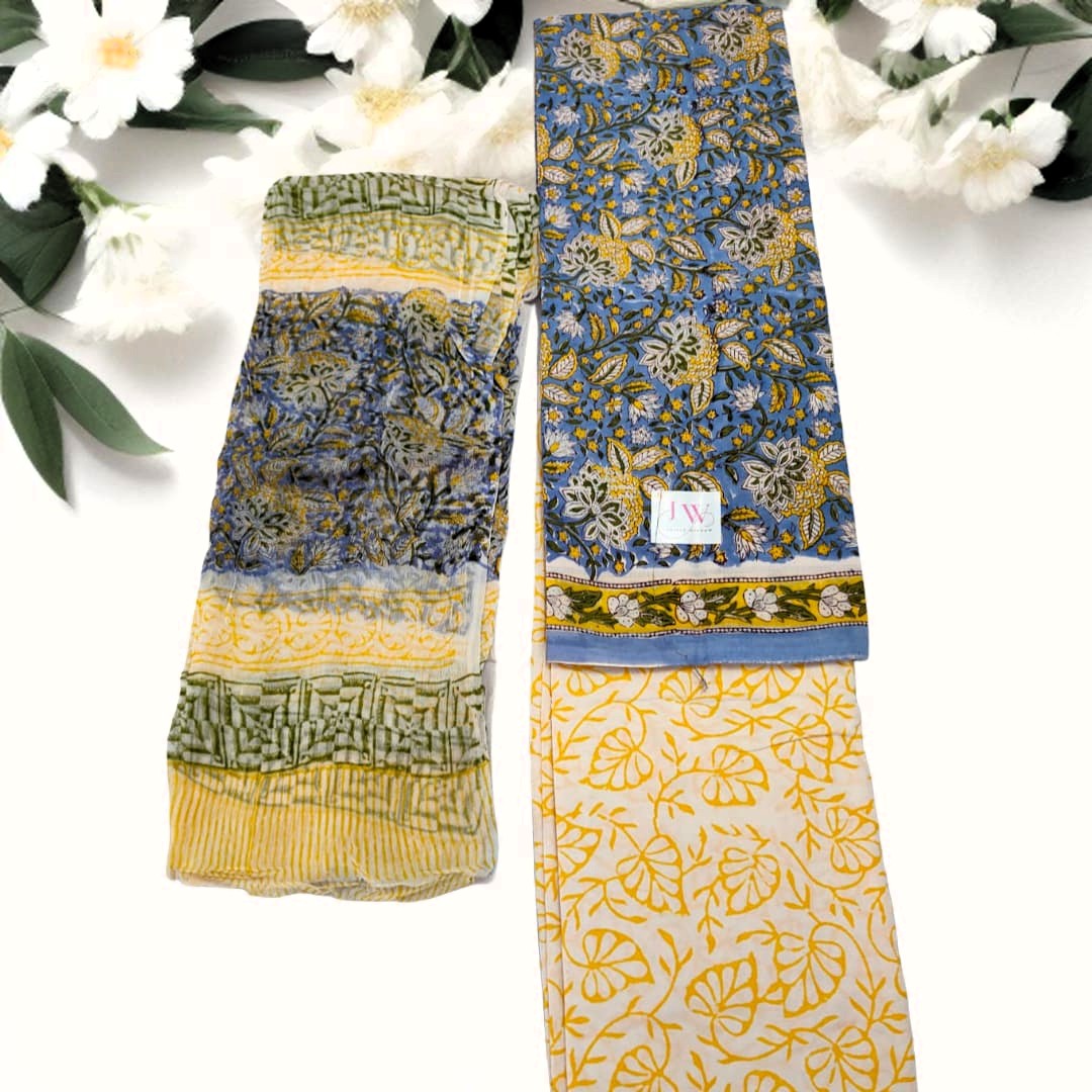 Aasmani Phool Sanganeri Cotton Suit Set – “Where Blue Blossoms, Sunshine Follows”