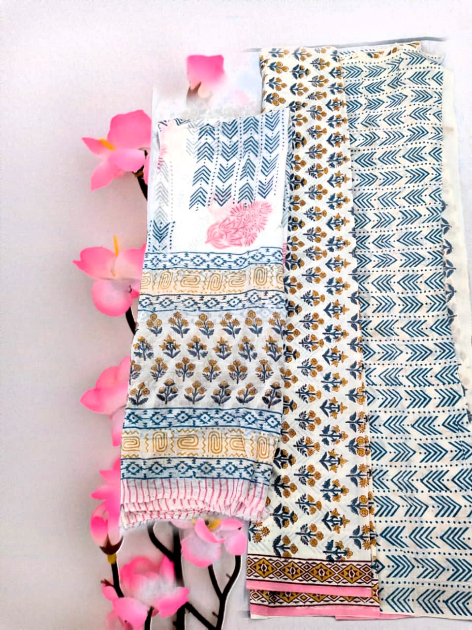 Baag-e-Neela Sanganeri Cotton Suit Set – “Where Indigo Blooms and Sunshine Trails”