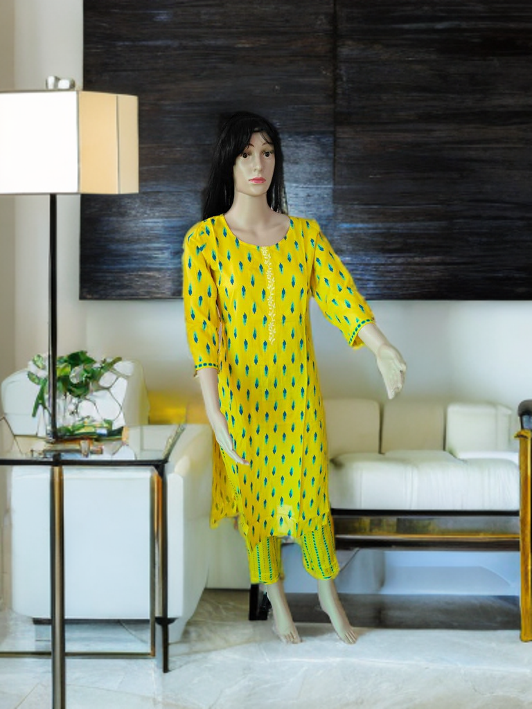 Jaipur Sanganeri Handblock Cotton Co-ord Set – Yellow Ikat Bloom