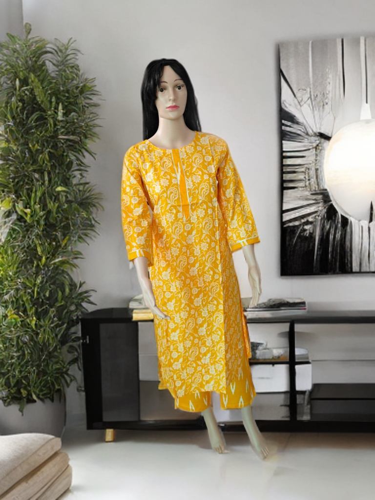 Jaipur Sanganeri Cotton Co-ord Set – Mustard Vine