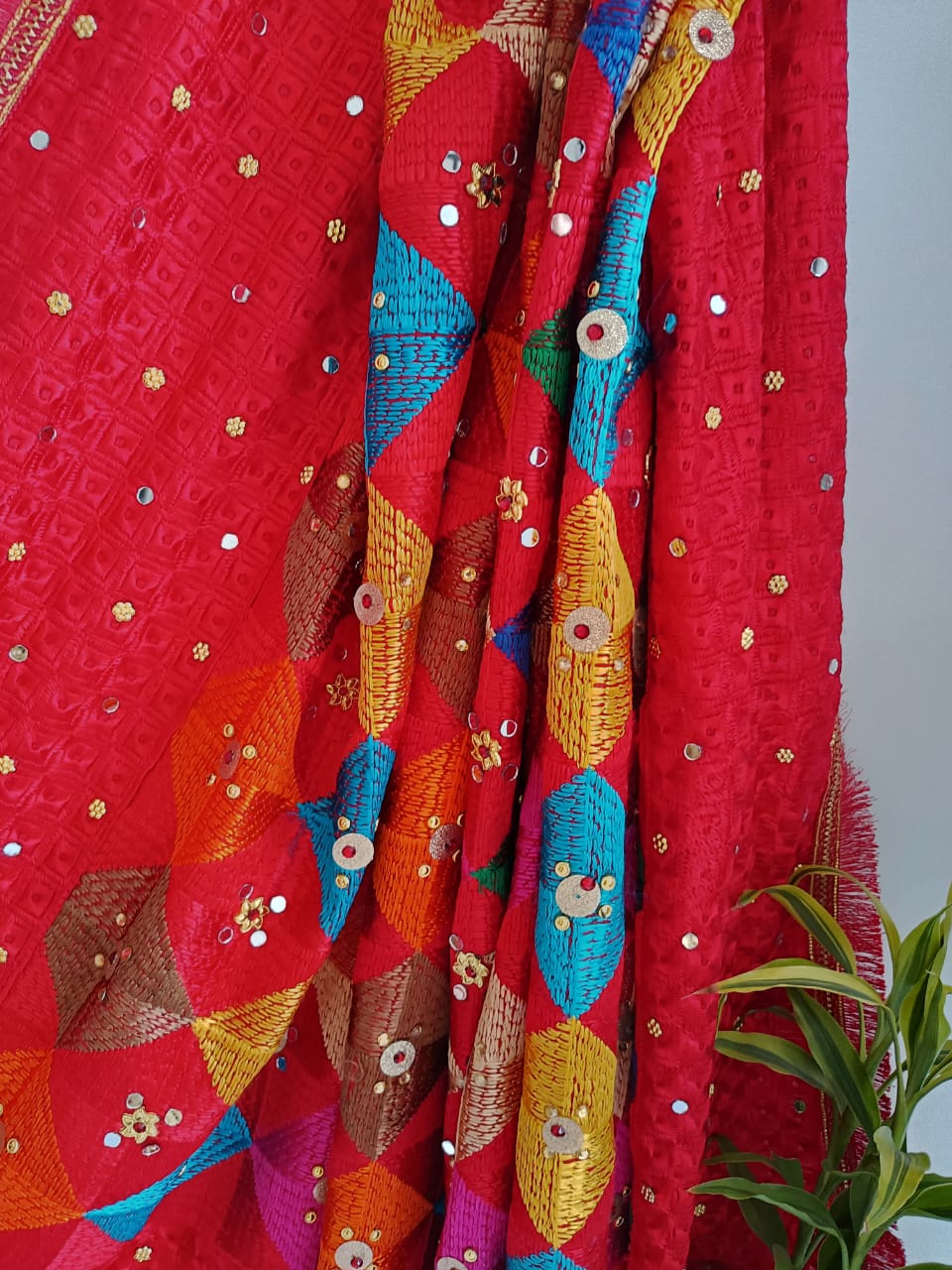 Phulkari Mirrorwork Dupatta – “Threads of Punjab, Sparkle of Celebration”