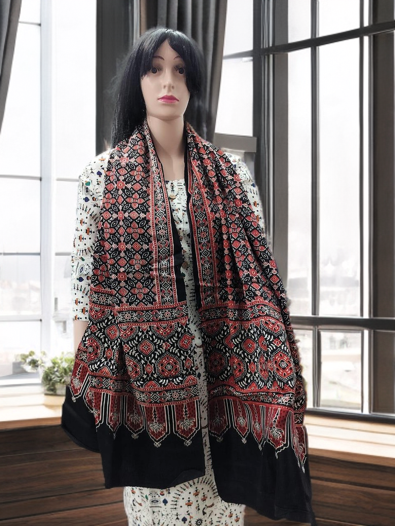 Ajrakh Modal Silk Stole – Crimson Heritage