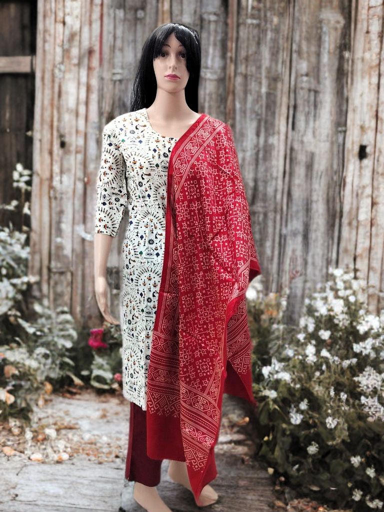Ajrakh Modal Silk Stole – Crimson Radiance