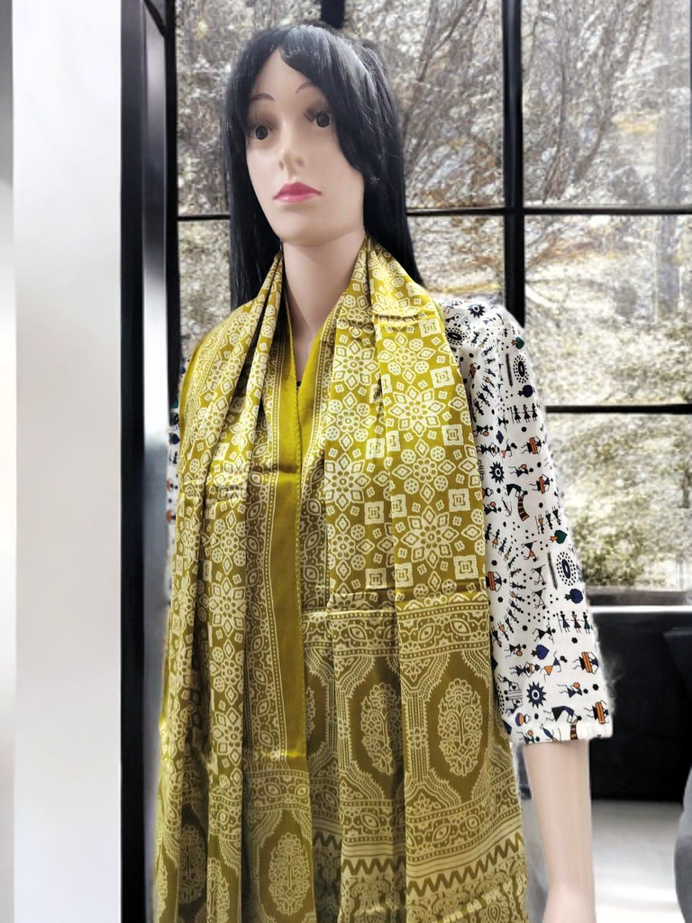 Ajrakh Modal Silk Stole – Mustard Majesty
