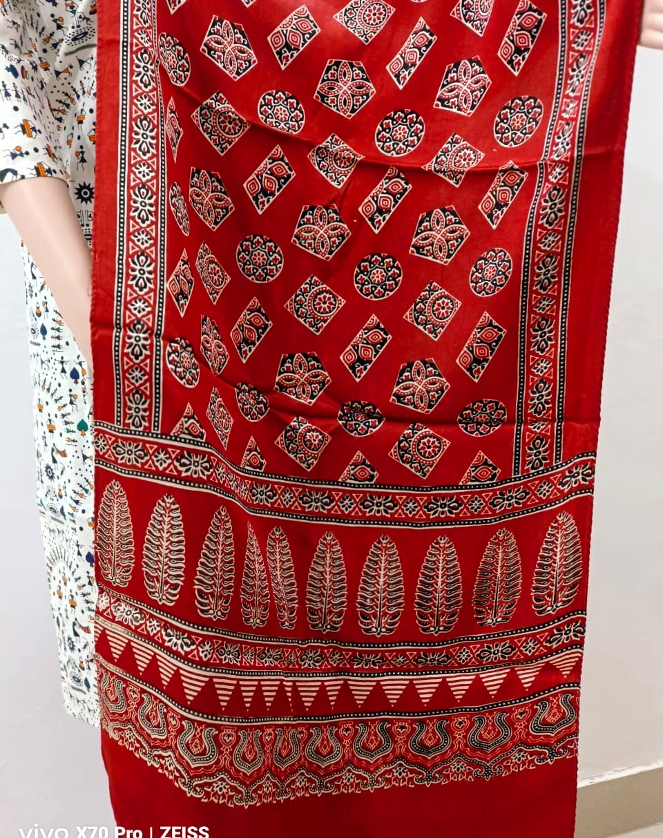 Ajrakh Modal Silk Stole – Royal Vermilion